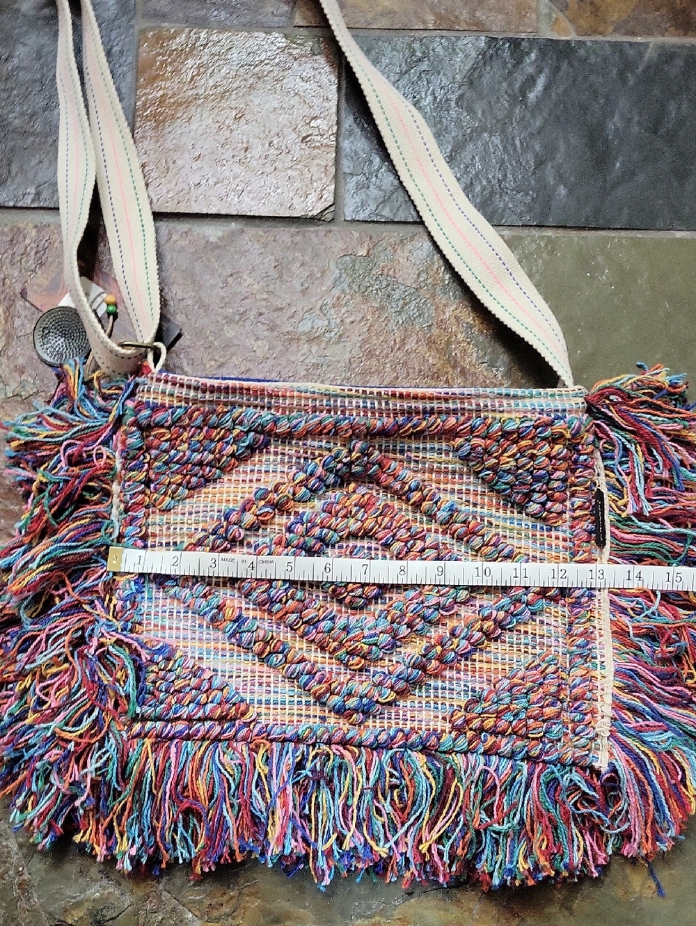 Multicolor Fringe Woven Crossbody Bag with Cream Strap - Picture 9 of 13